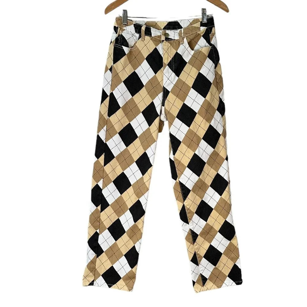 SHEIN Argyle Denim Wide Leg Mom Jeans - small
